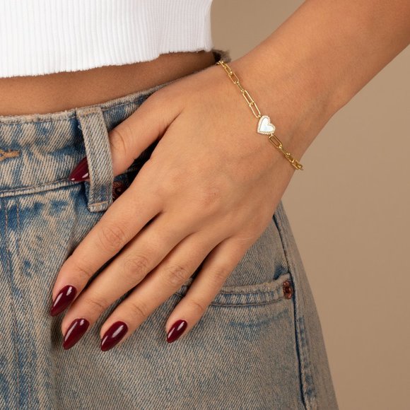 Pave Colored Stone Heart Paperclip Bracelet - Picture 2 of 5